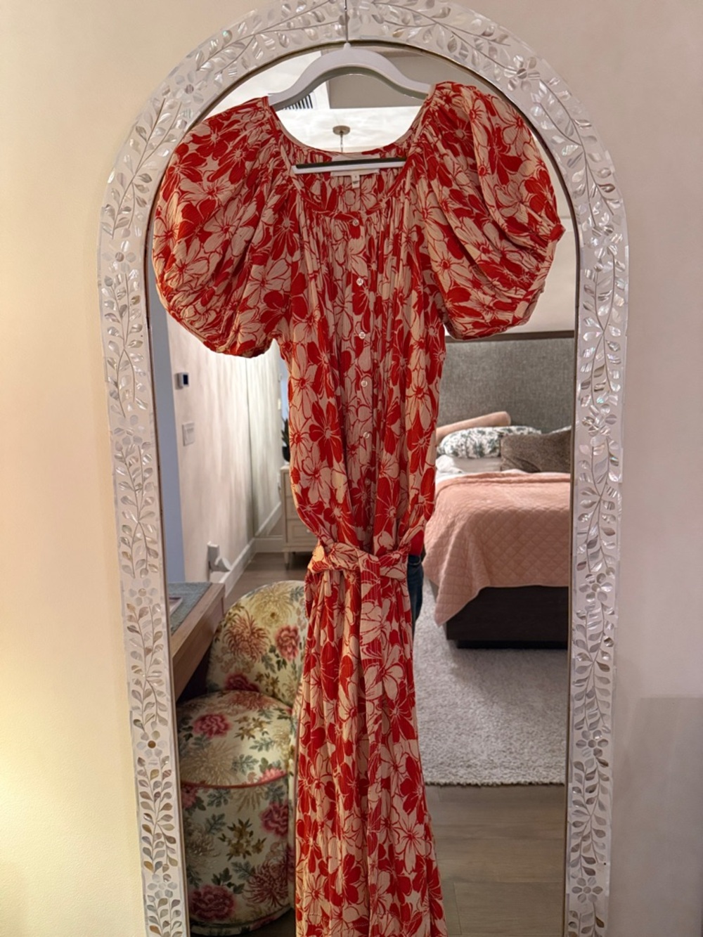 THE GREAT. Red and Cream Floral Maxi Dress